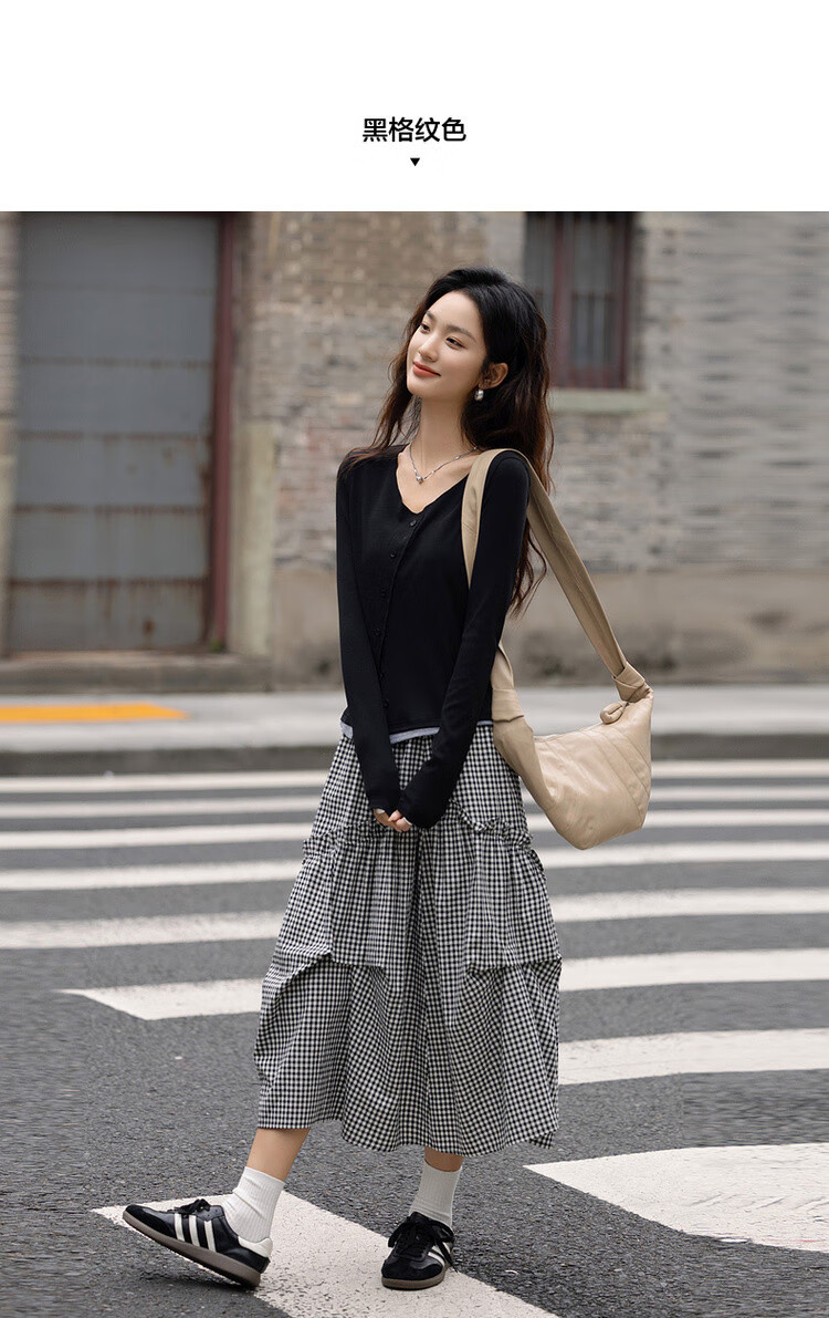 Dme [Fresh Cloud Cotton] Spring Vintage Floral Bud Ruffle Elastic Waist A-Line Plaid Midi Skirt for Wome 4