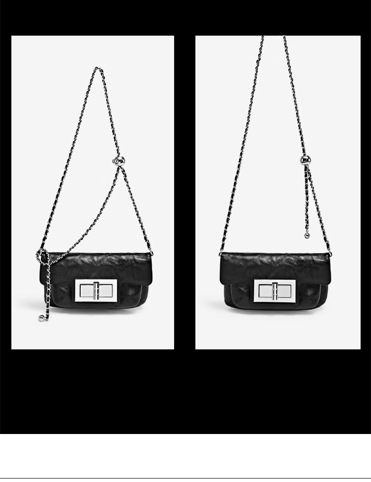 Mood Top-Grain Leather Chain Bag for Women, Black Small Square Bag, Autumn/winter Commuter Shoulder Crossbody Bag, Light Luxury Women's Handbag 9