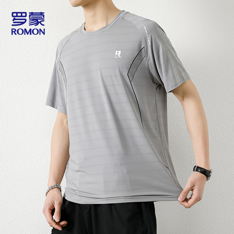 ROMON Men's Short Sleeve T-Shirt Summer Ice Silk Casual Thin Ice Feeling Quick-Dry Crew Neck Base Shirt ZH8906 Gray M