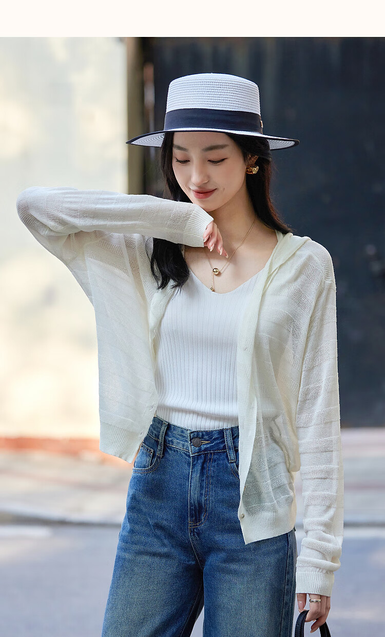 Dme [Containing SPA-Grade Tencel Linen], Spring And Autumn Salt-Style Lightweight Hooded Striped Textured Jacquard Fleece-Lined Women's Jacket 9