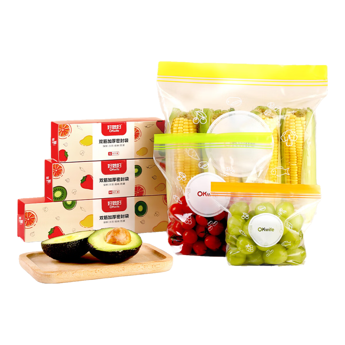 Good Wife Food Sealing Bags Medium Size 30pcs Thickened Double Ribbed Seal Fresh-Keeping Storage Freezer Bags