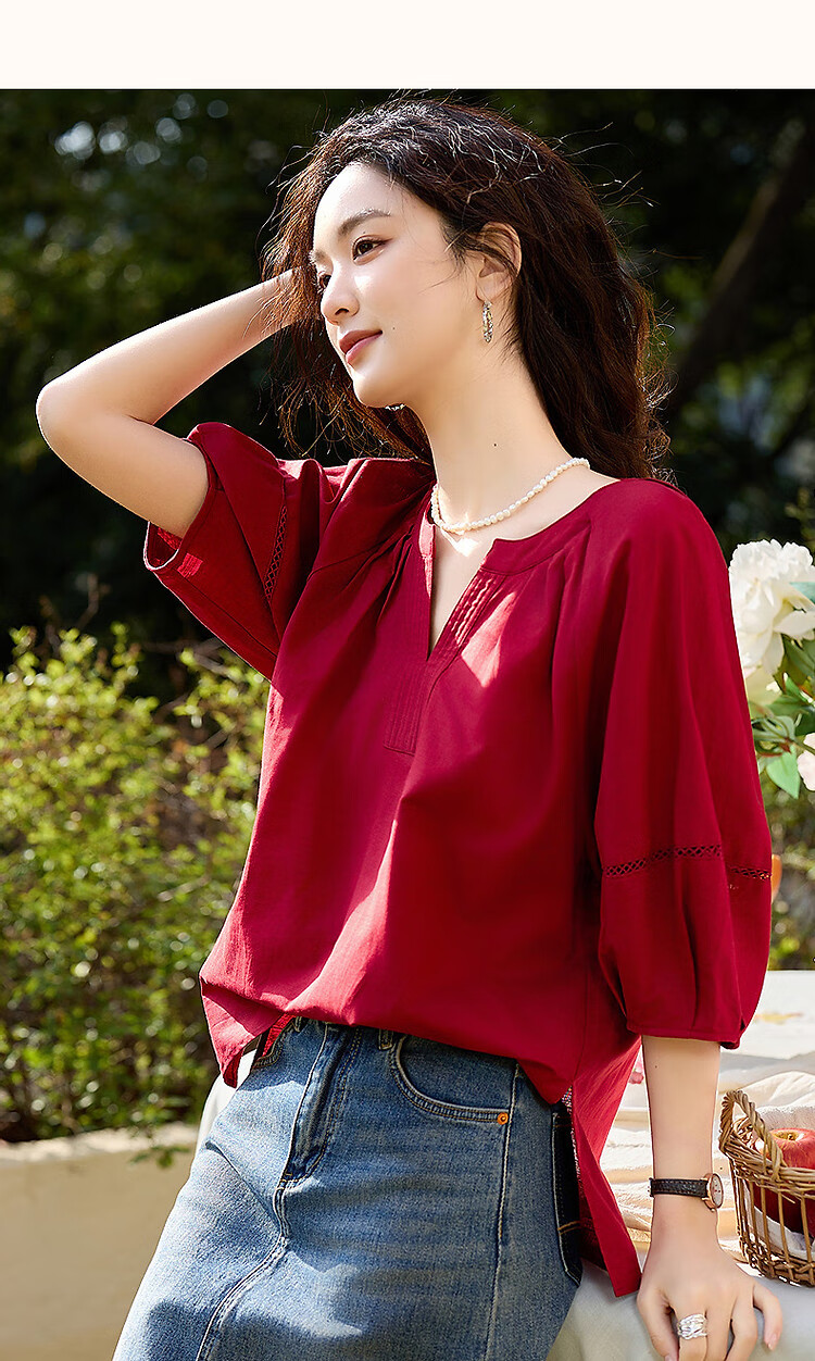 Demana Little Rose Summer V-Neck Cotton Linen Blend Shirt with Puff Sleeves and Side Slits Women's Top 12