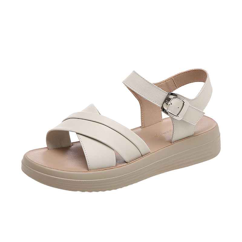 Red Dragonfly Women's Summer Sandals Soft Leather Soft Sole Middle-Aged and Elderly Ladies Mid-Heel Beach Shoes WTK251582 Off-White Size 36