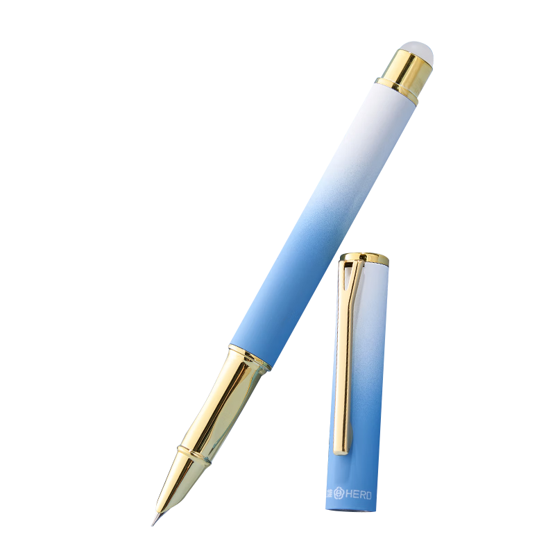 HERO P302 Erasable Fountain Pen, Third Grade Posture Correction, Daily Writing Ink Pen for Elementary School Students, Sky Blue, F Dark Nib (Includes 20 Ink Cartridges + Pen Filler)