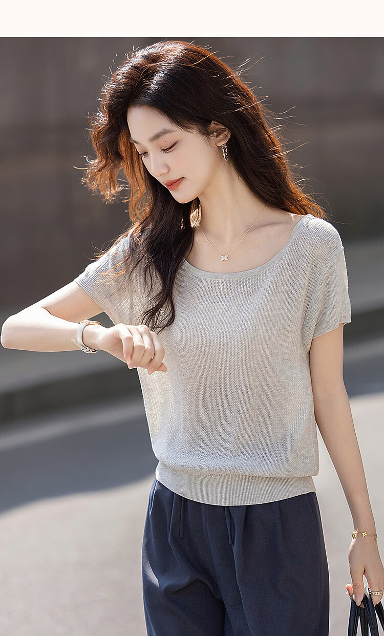 Demana Natural Linen Summer Elegant Round Neck Short Sleeve Loose Knit Top for Petite Women 11