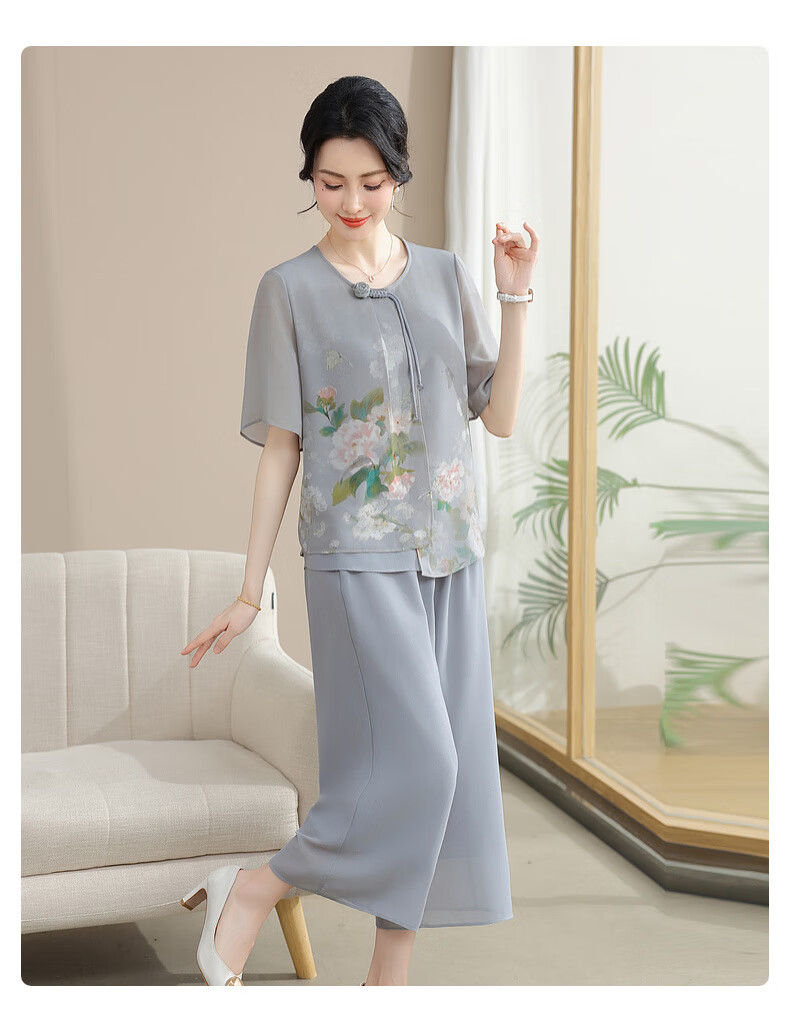 Hengyuanxiang Mother's Day Gift Practical Summer Chiffon Short Sleeve Suit for Mom, Stylish Middle-aged and Elderly Women's Clothing for 50s and 60s 10