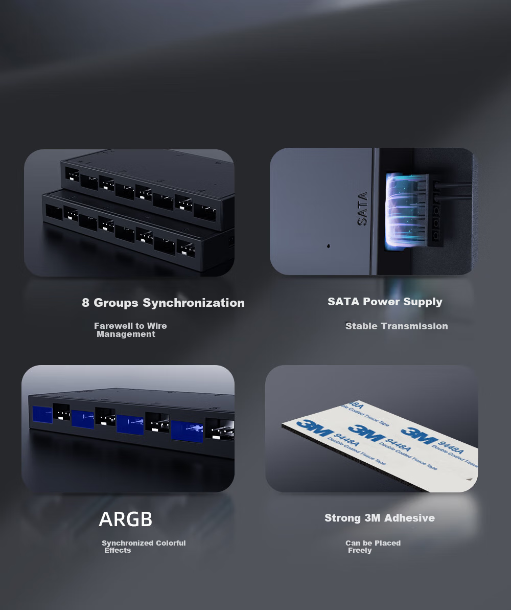 ID-COOLING (Kuren) ARGB Fan Hub, 8 Groups of Fans with Color-Changing Synchronization, PWM Speed Control, SATA Power Supply, ARGB Light Control Expansion Adapter HA-08 2
