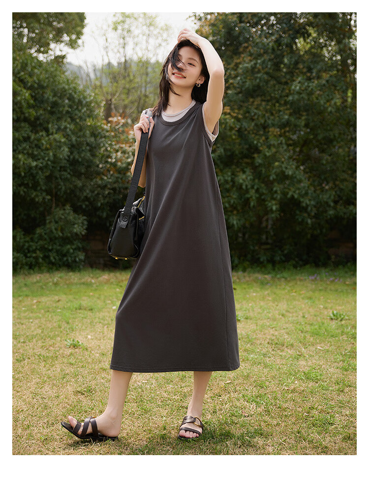 Dme Faux Two-Piece Powder White Contrasting Color Long Dress, Round Neck, Sleeveless, Versatile Knitted Long Dress 6