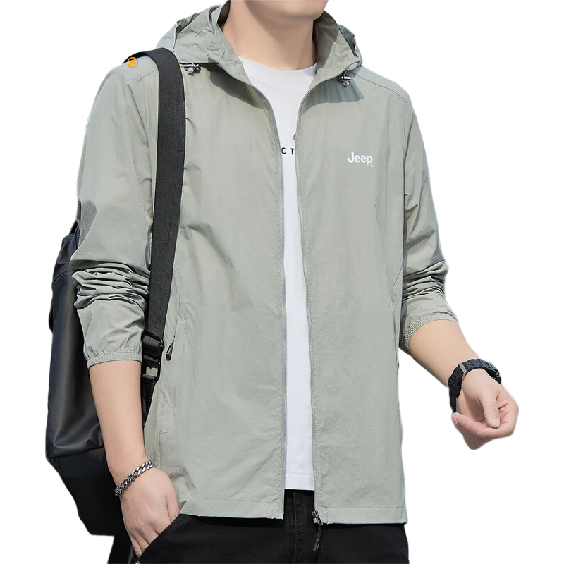 JEEP Men's Sun Protection Jacket, Summer Ice Silk Breathable Skin Coat, Quick-Dry Clothing for Men, Light Gray, 4XL