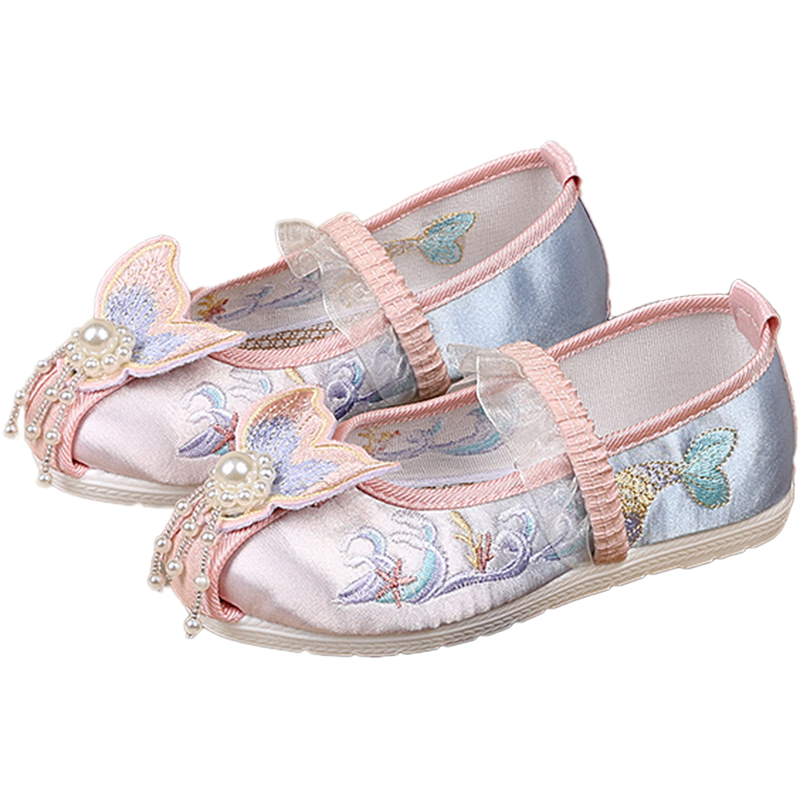 Romon Girls Hanfu Shoes Chinese Style Ancient Costume Performance Dance Cloth Shoes Ma Mian Skirt Embroidered Shoes Pink Size 35