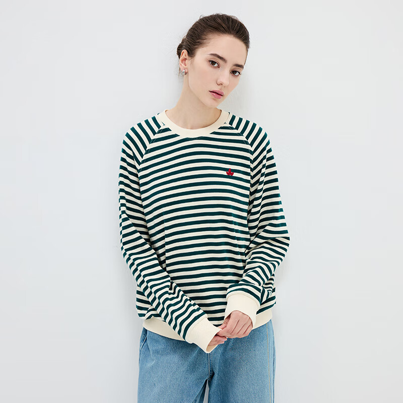 Navikail Italian Small Sailboat Women's Cotton Loose Long Sleeve Sweatshirt Striped Crew Neck T-Shirt 2315005501 Green White XL