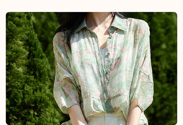 Dme [Bolimamanbo] Summer Flowy Cloud Brocade Thick-Printed Shirt, Stylish Divided Mid-Sleeve Blouse, Women's Top 4