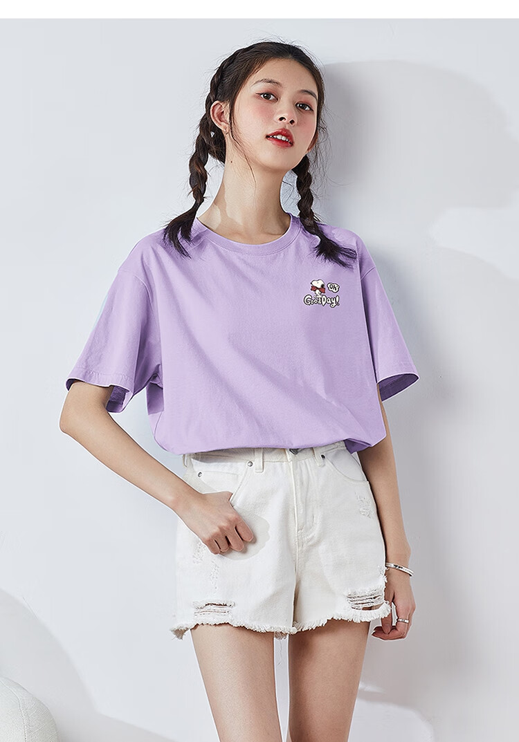 TonLion 2025 Summer Women's New Round Neck Short Sleeve T-Shirt Versatile [Snoopy Collaboration] S Light Purple 18