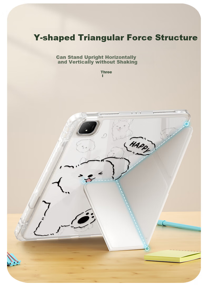 Qiaojiejie Compatible with Honor Tablet GT Pro Case, 12.3-Inch 2024 Model Tablet Protective Cover, Cartoon Design with Pen Slot, Anti-Bend Y-Shaped Tri-Fold Simple Dog Patter 2