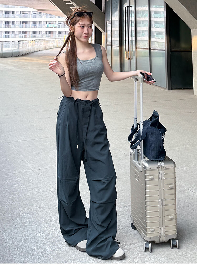 Women’s Free Style Side Drawstring Cargo Pants 2026 Summer New Petite Casual Wide-Leg Quick-Dry High-Waist Paratrooper Pants 16