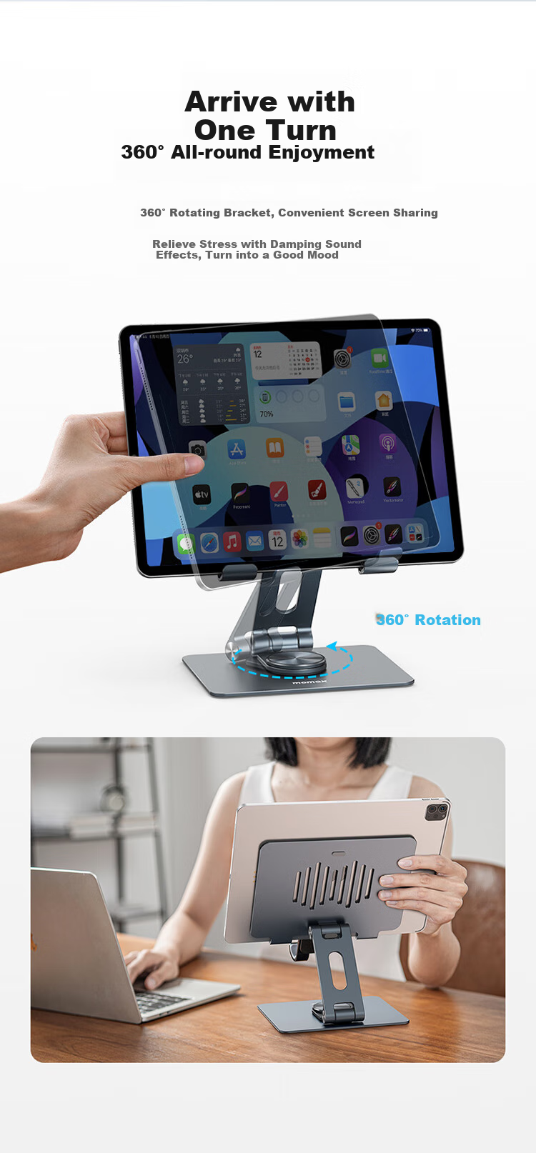 MOMAX IPad Tablet Stand, Desktop Aluminum Alloy, 360-Degree Rotation, Height Adjustable, Foldable, Convenient Heat Dissipation, Suitable for Drawing, Live Streaming, And Binge-Watching, Compatible with Apple Pro, Huawei, Xiaomi, Lenovo, And Y700 Fifth Generatio 1