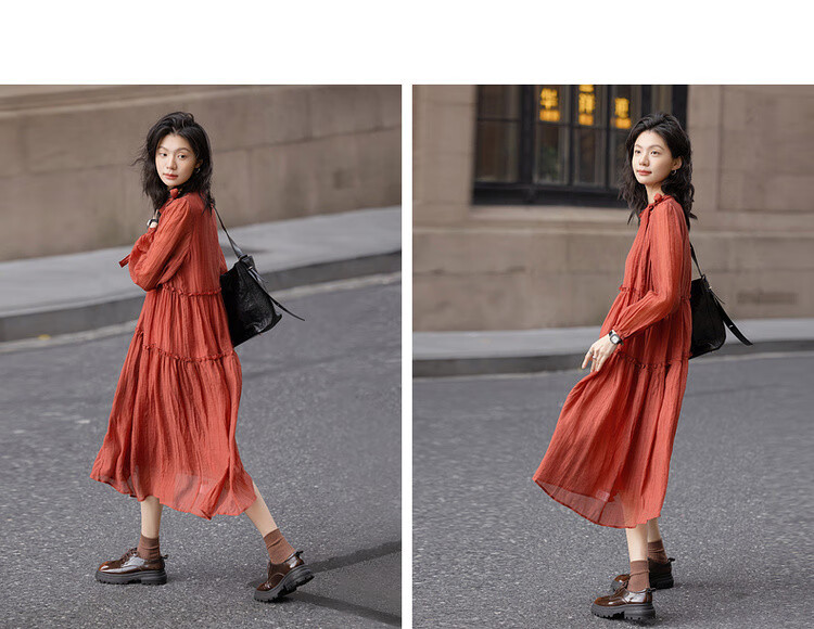 Dme [Boleng Zhilian] Spring French-Style Split Ruffle Trim Round Neck A-Line Concealing Mid-Length Women's Dress 7