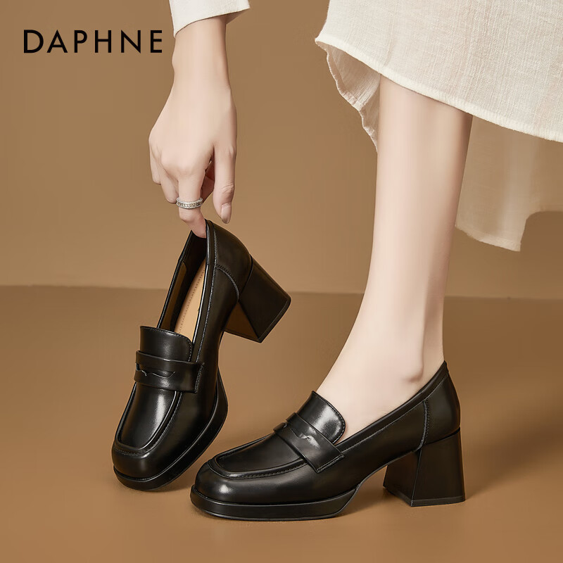 DAPHNE Women's High Heel Loafers Spring Autumn New Retro British Style Professional Work Slip-On Black Size 36