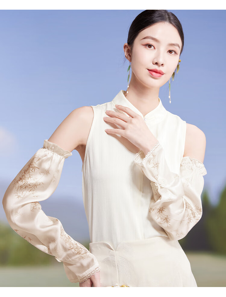 Shanghai Story Women's Silk Sun Protection Ice Sleeves Spring Summer 100% Mulberry Silk Satin Printed Loose Retro Sunshade Arm Sleeves Valentine's Day Gift 7