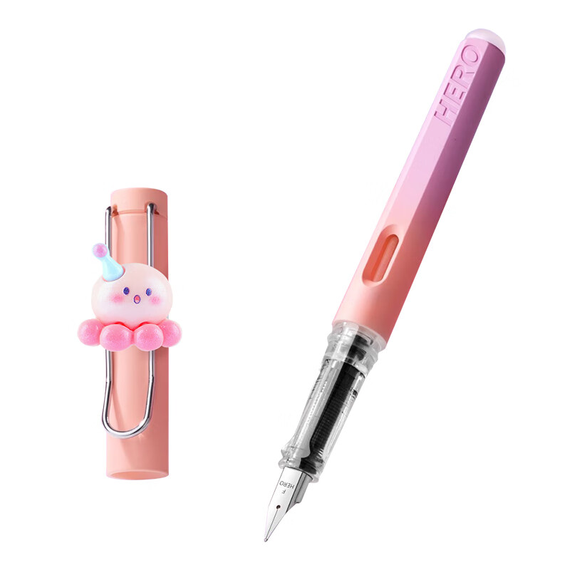 HERO Fountain Pen 369 Heat Erasable Fine Iridium Nib Student Calligraphy Grade 3 Posture Correcting Signature Pen (Includes 10 Ink Cartridges + 4 Cartoon Accessories) F Nib Early Spring Cherry Pink
