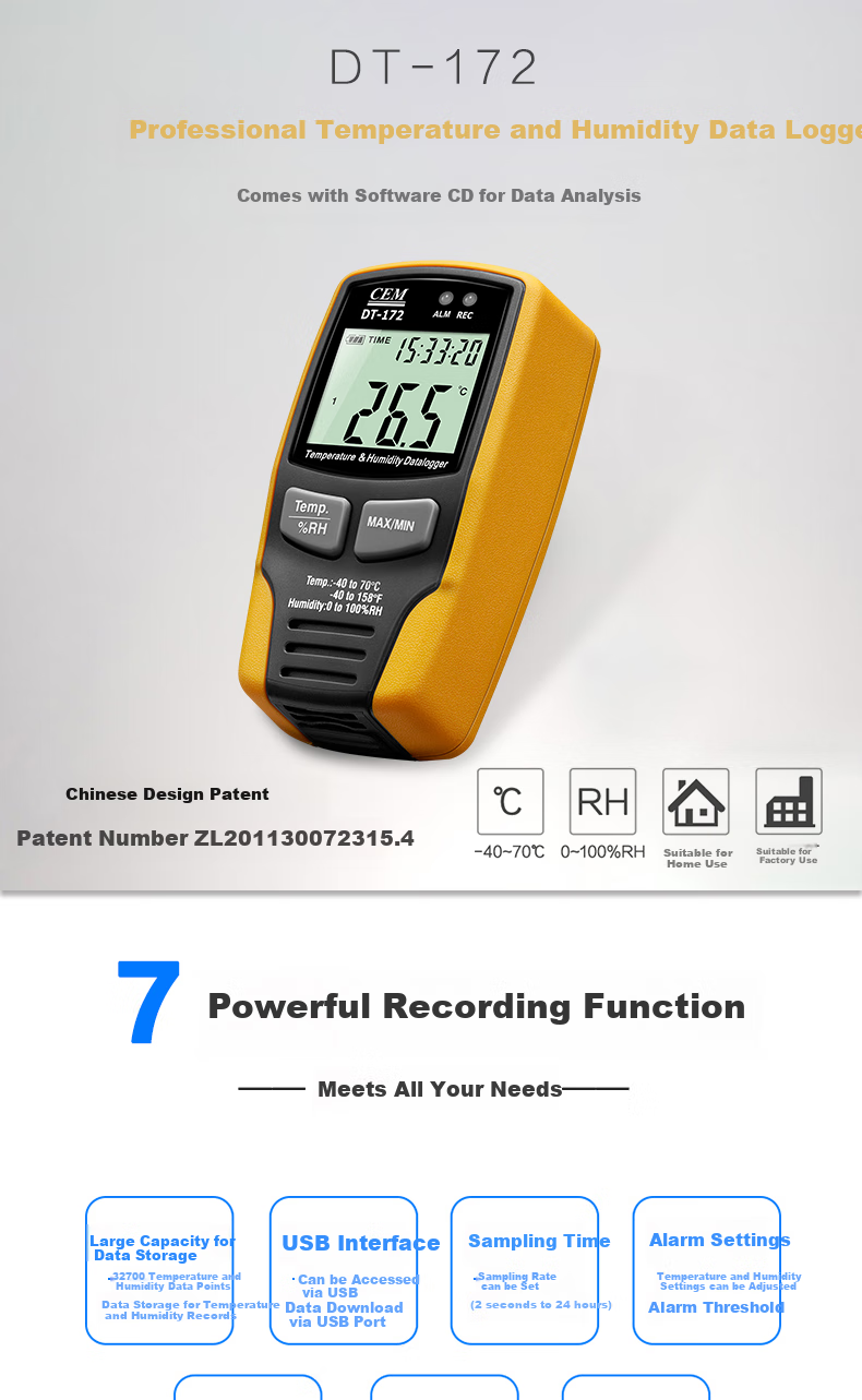 CEM DT-172 Temperature And Humidity Data Logger, Indoor Temperature And Humidity Measurement Recorder with USB Transfer 1
