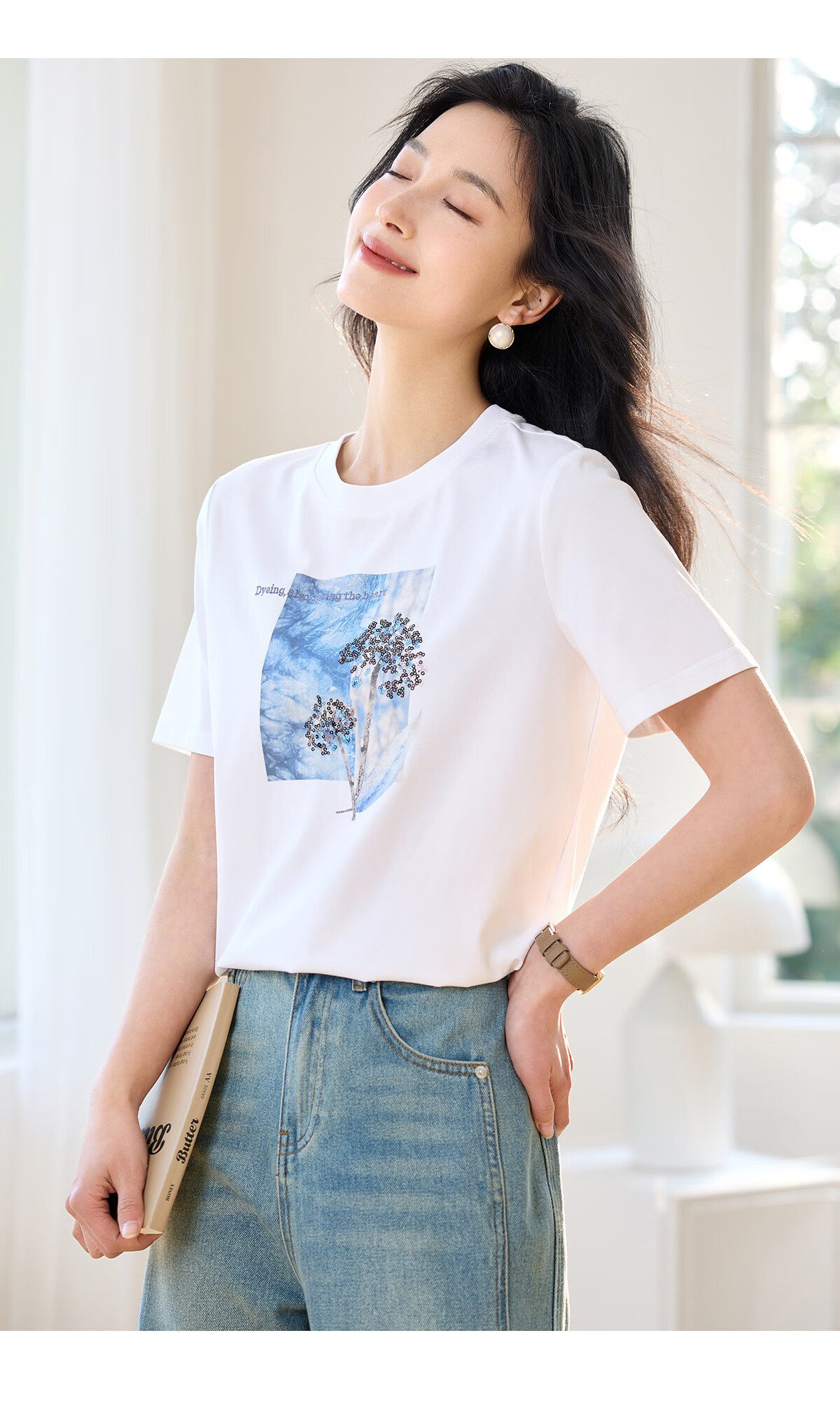 Chushen Summer Short-Sleeve T-Shirt for Women, Fashionable Round Neck, Heavy Embroidery with Sequins, Casual Top S52T029 27