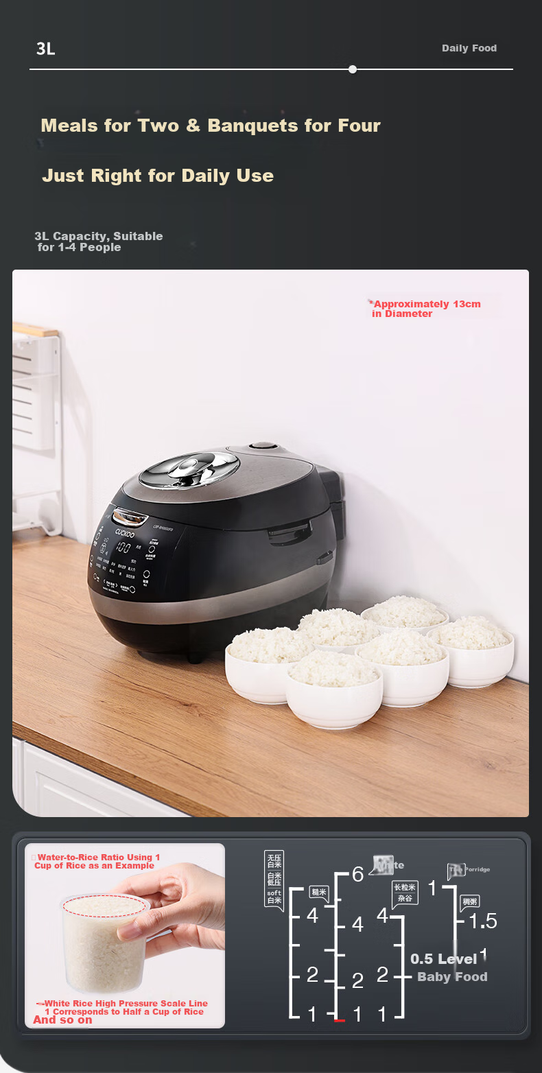 CUCKOO Korean Imported Multifunctional Pressure Cooker with No-Pressure Switching, Voice Prompt, Steamed Rice Non-Stick Pot, 3L Electric Pressure Cooker CRP-UT0611FGW 6