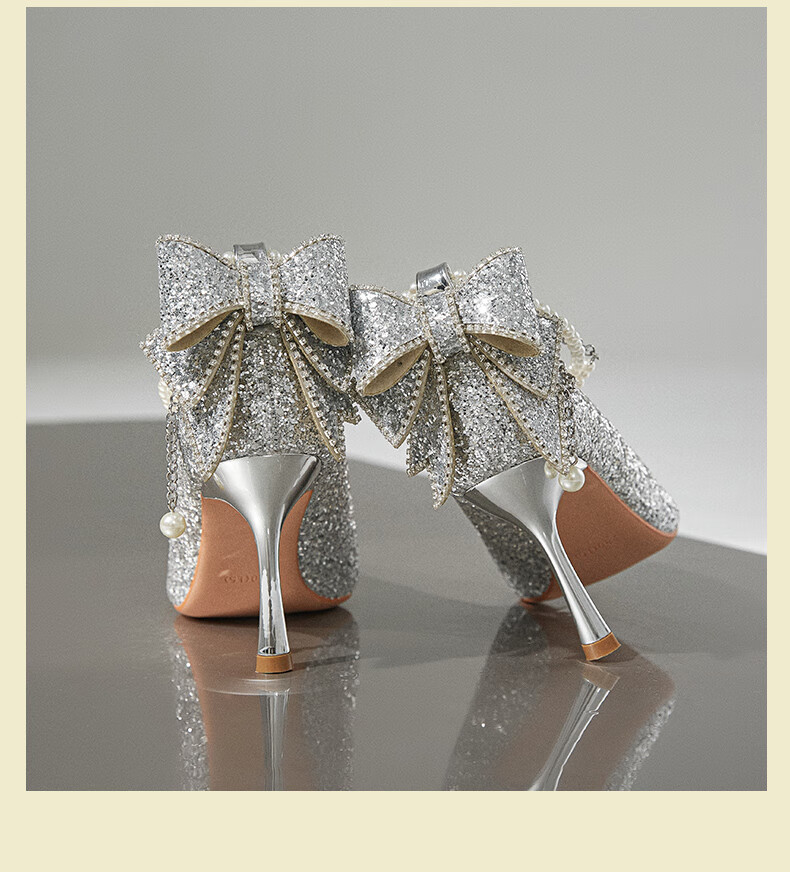 ZHR High Heels for Women, Fairy Crystal Wedding Shoes, Pearl Pointed Toe Shoes, Thin Heel Shallow Mouth Pumps, Suitable for Dresses, IE01 Silver Color, Size 39 23