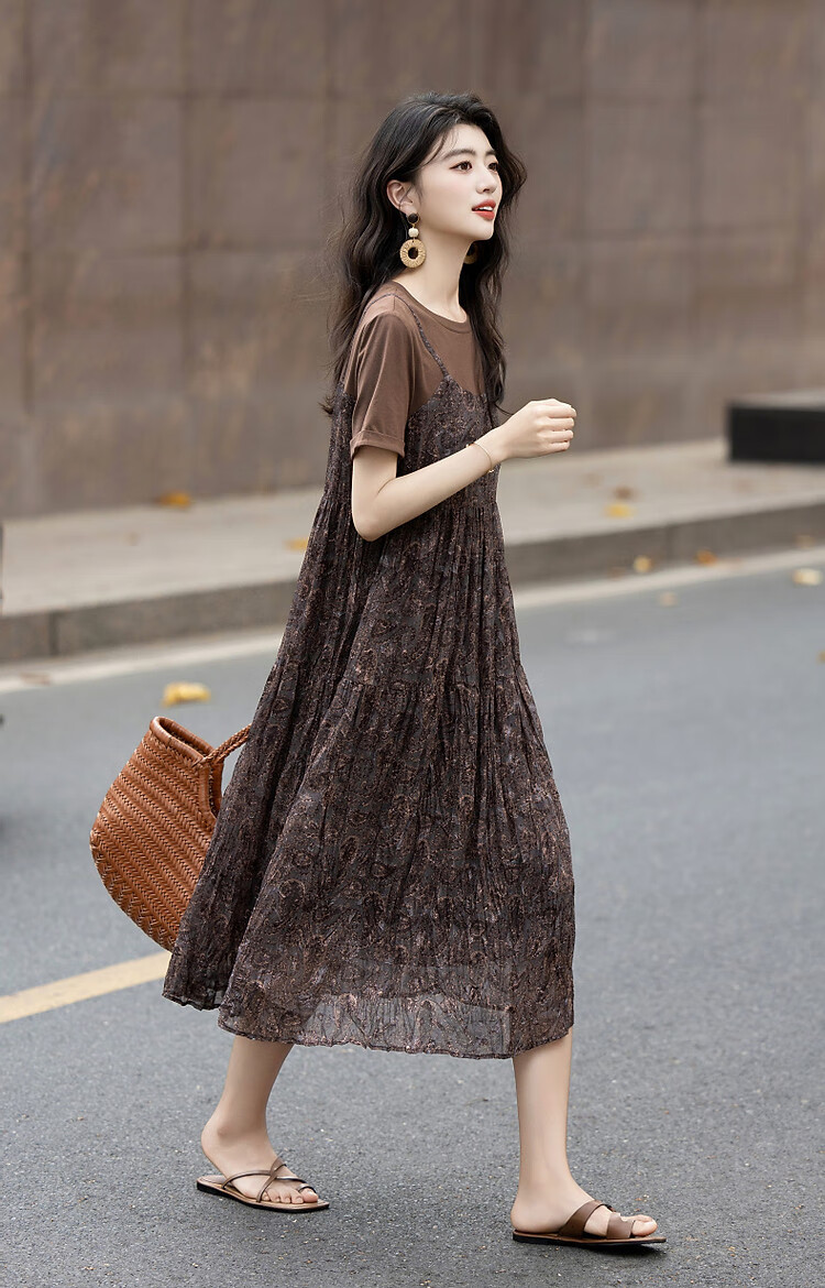 Demana Natural Crinkle Texture Summer French Romantic Faux Two-Piece Printed A-Line T-Shirt Dress for Women 5