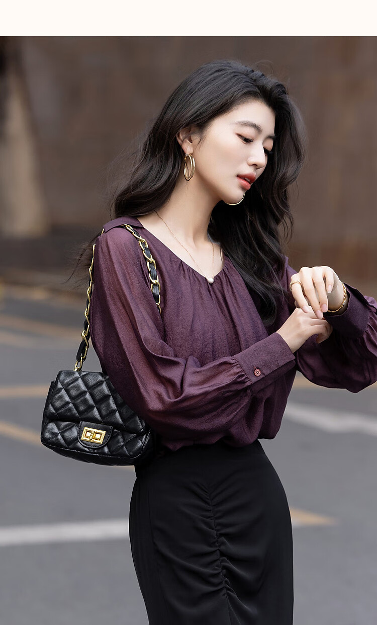Dme [Monet Purple Series] Autumn Wrinkled Shiny Silk Blouse, Pleated V-Neck Short Front Long Back Shirt, Women's Top 11
