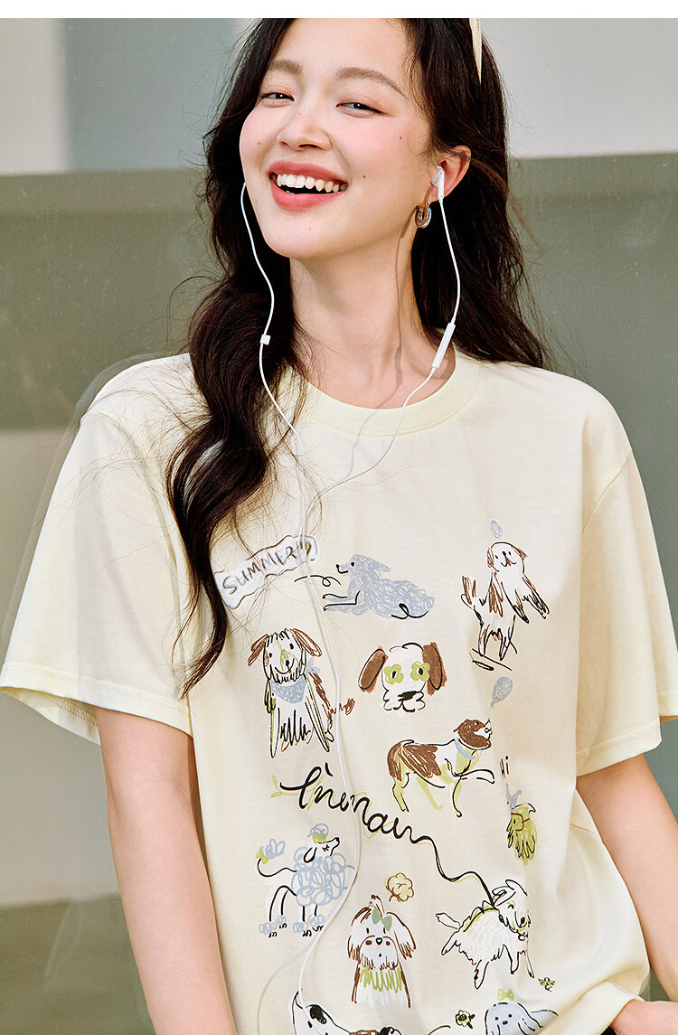 INMAN [Same As in Show] Cotton Cat Print Round Neck Short Sleeve T-Shirt for Women, Summer 2026 Top, Off-White, Size S 10