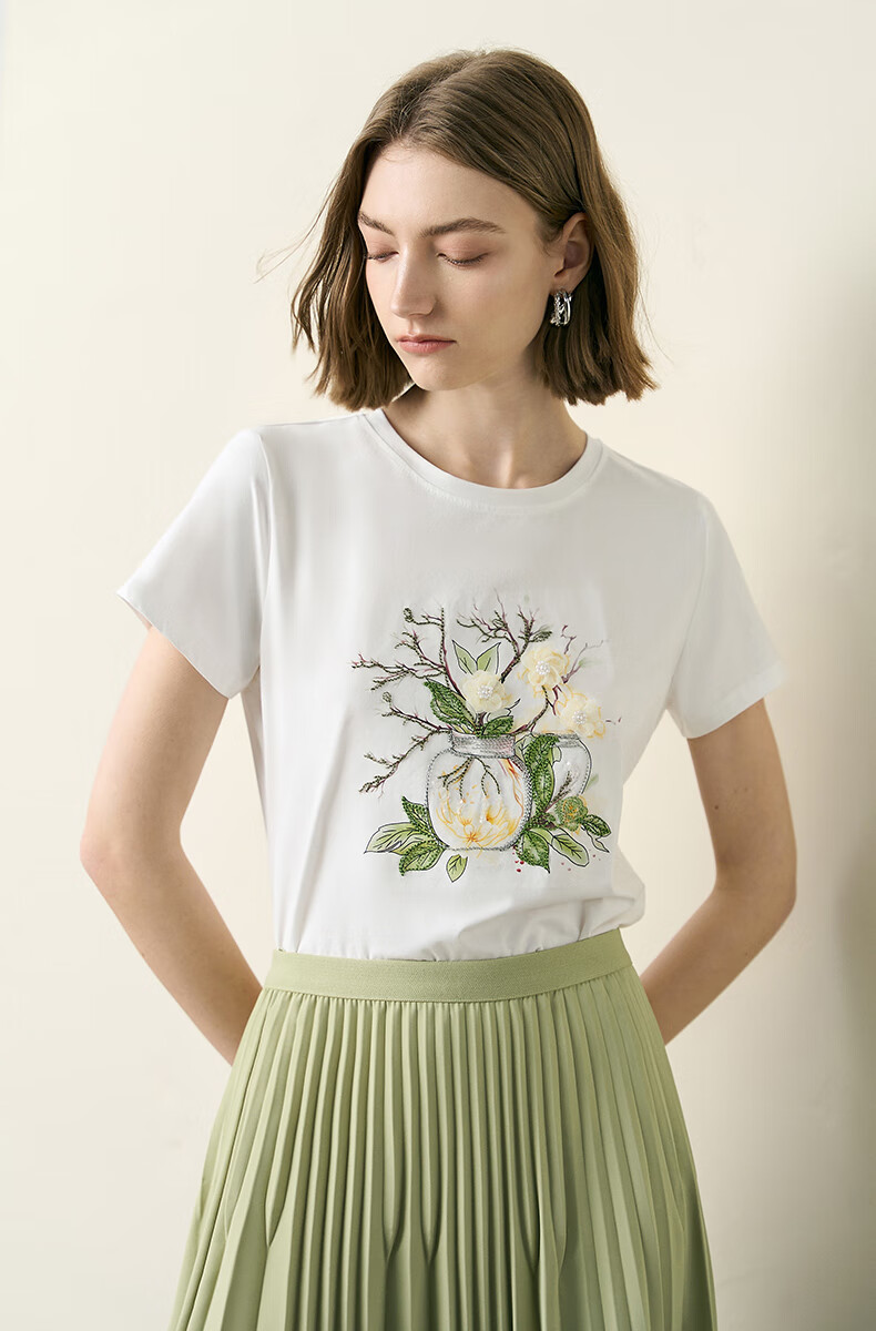 YANYEE Vintage Print Cotton Short Sleeve T-Shirt 2025 Spring Commuter Round Neck White Top for Women White 1 XL 13