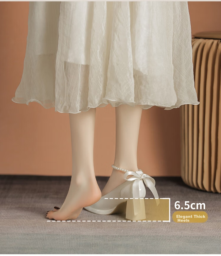 ZHR Women's Single Shoes, Summer Elegant Heightening Mary Jane Shoes, Pearl Comfortable Women's Shoes, EH69, Beige, Size 34 4