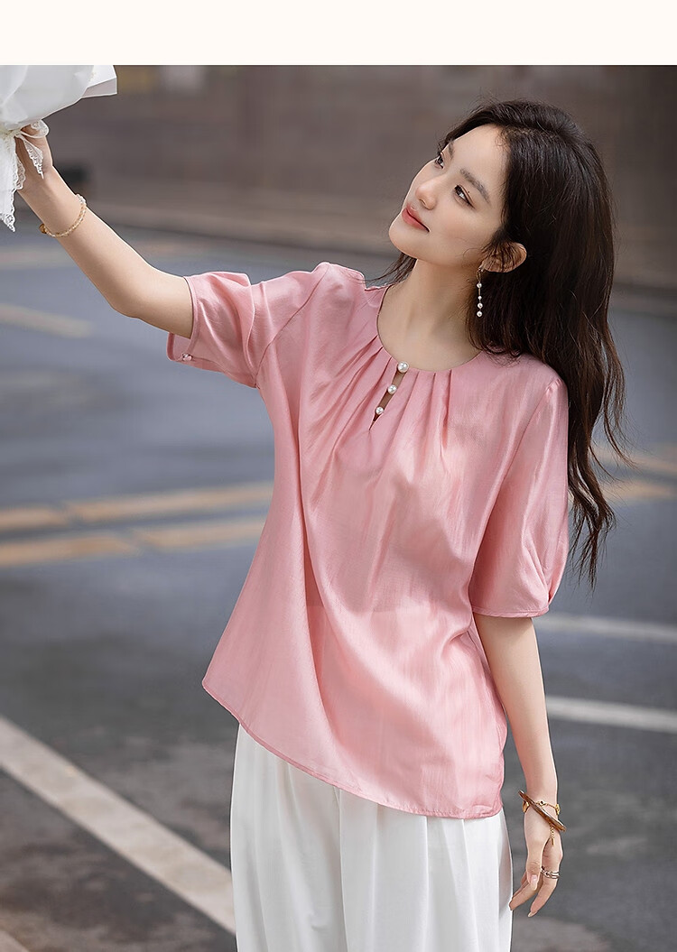 Dme [Selected Lyocell], Summer Pearl Decorated Round Neck Drip Button Shirt, Flowing Short-Sleeve Blouse, Women's Top 16