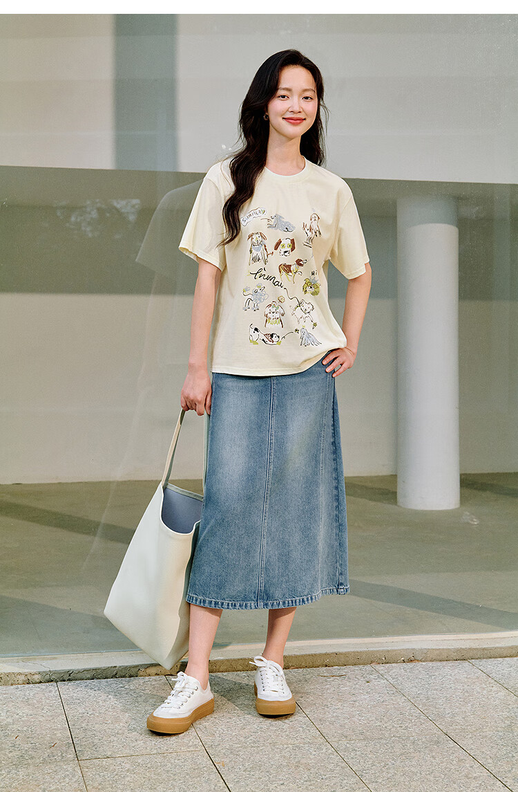 INMAN [Same As in Show] Cotton Cat Print Round Neck Short Sleeve T-Shirt for Women, Summer 2026 Top, Off-White, Size S 9