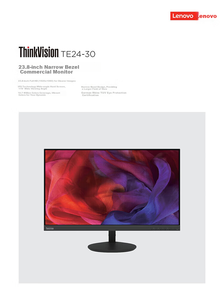 Lianxiang ThinkVision TE24, 23.8-Inch FHD High-Definition IPS Commercial Office Monitor, Low Blue Light, VGA + HDMI, 3-Year On-Site Warranty 1