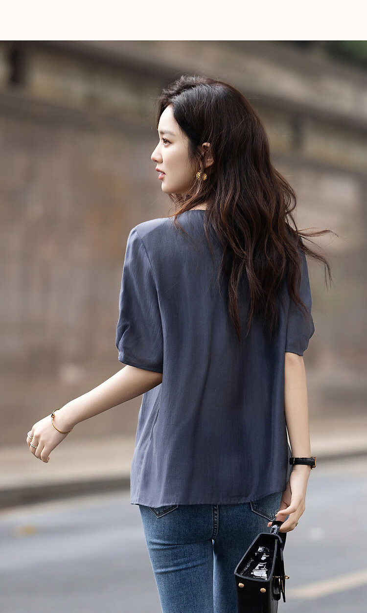 Dme [Selected Lyocell], Summer Pearl Decorated Round Neck Drip Button Shirt, Flowing Short-Sleeve Blouse, Women's Top 11