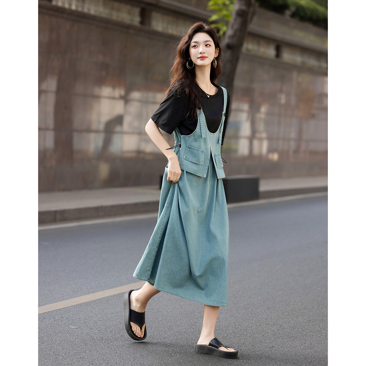 Demana Faux Two-Piece Layered Effect Summer Round Neck Cloud Cotton Denim Patchwork Mid-Length Women's Knit Dress