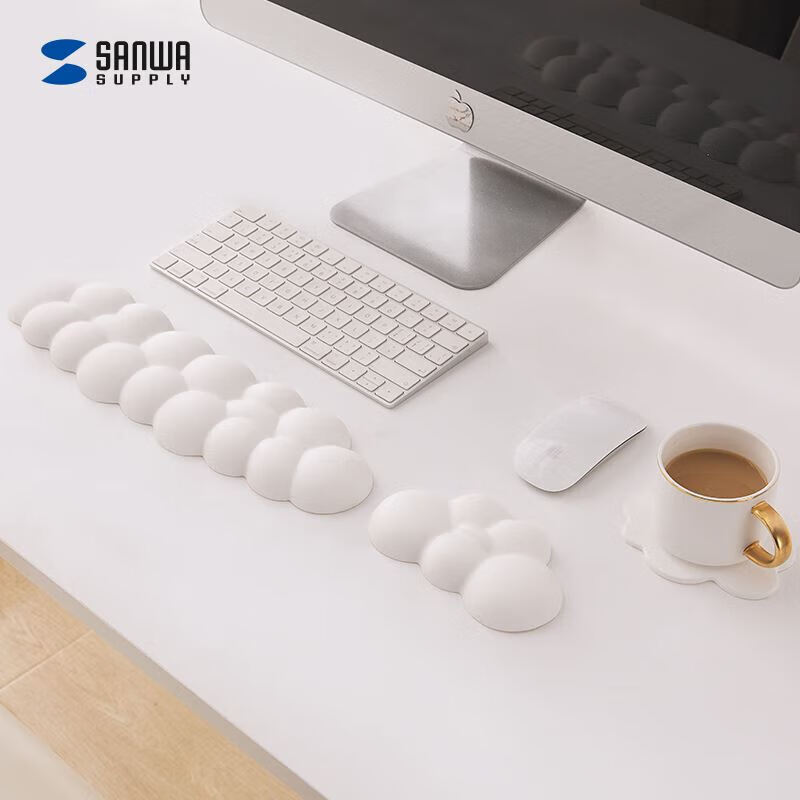 SANWA Cloud Keyboard Wrist Rest, Three-Piece Set for Women's Mouse Hand, with Coaster Pad, Non-Slip Base, Washable, Memory Foam, PU Leather, Pearl White