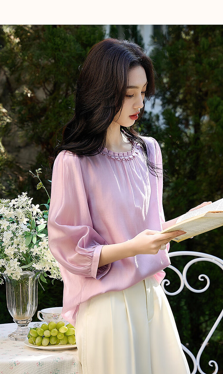 Dme [Lyocell Selection] Summer Pleated Round Neck Water Drop Button Blouse, Puff Three-Quarter Sleeve Shirt, Women's Top 16