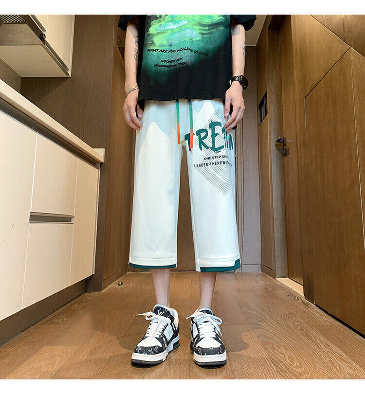 Zuofeili Men's Trendy Summer Shorts, Lightweight Loose-Fitting Cool Ice Silk Seven-Eighths Length Shorts, Fashionable Youth Casual Pants 27