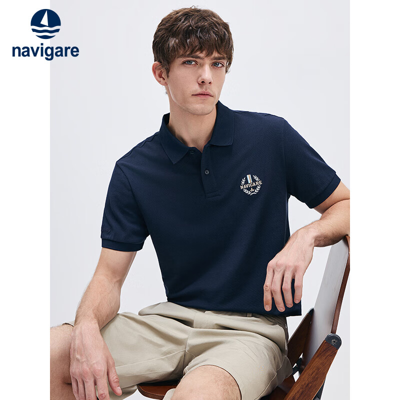 Navigare Italian Small Sailboat Men's Cool-Feeling Elastic Casual Simple Short-Sleeve POLO Shirt 1325525505, Navy Blue, XL