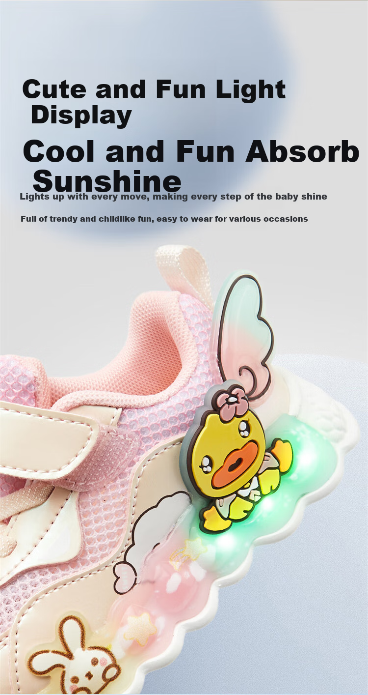 B.Duck Children's Shoes for Girls, Soft-Soled Kids' Sneakers, Light-Up Shoes with Flashing Lights, Spring And Autumn Season Bright-Light Shoes, Light Blue, Size 22 14