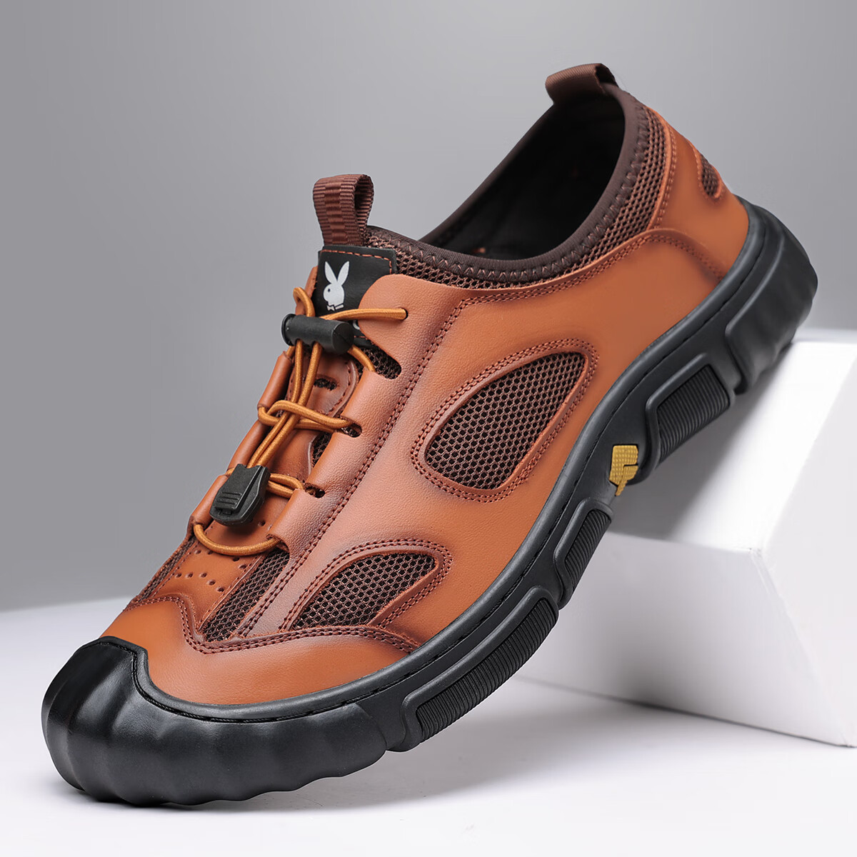 PLAYBOY Men's Shoes, Lightweight Breathable Hollow Business Sandals, Closed-Toe Genuine Leather Middle-Aged Dad Sandals, Dark Brown, Size 38