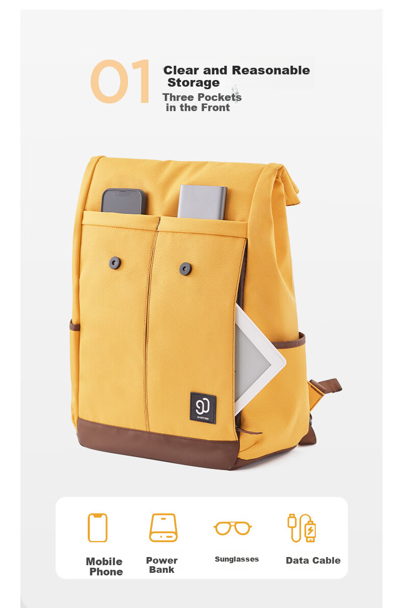 90Fen Backpack for Men And Women, Casual Sports Travel Bag with Large Capacity, Student Schoolbag, Yellow 6