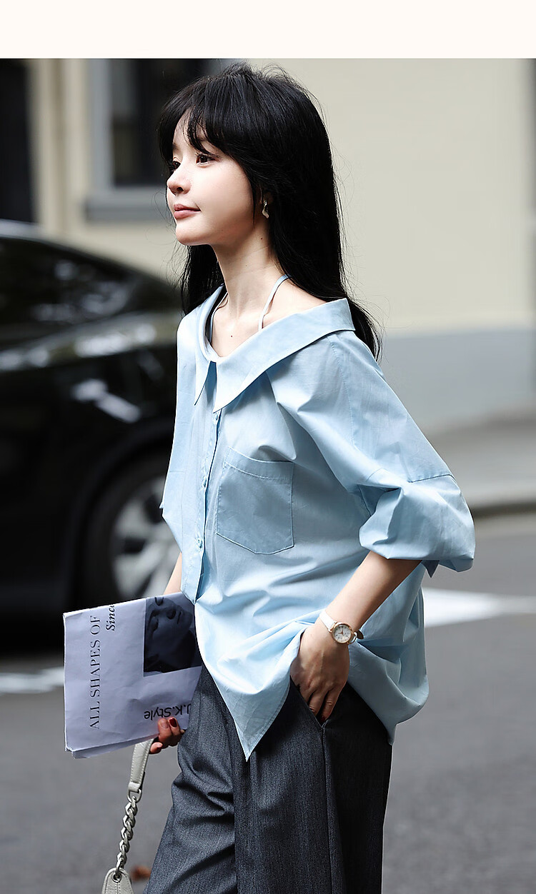 Dme [Pure Cotton Dominant Area] Spring And Autumn Korean-Style Slightly Chubby Pear-Shaped Shirt, Off-Shoulder, Tie-Waist, Concealing Shirt, Women's Top 10