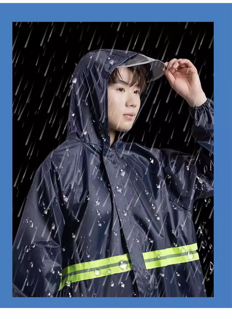 Mashifu One-Piece Long Raincoat, Thickened Oxford Fabric Heavy Rain Protection Workwear Raincoat, Outdoor Patrol Reflective Strip Long Rain Poncho [Front And Back Reflective Strips], Zipper Style Navy Blue, One Size Fits All 2