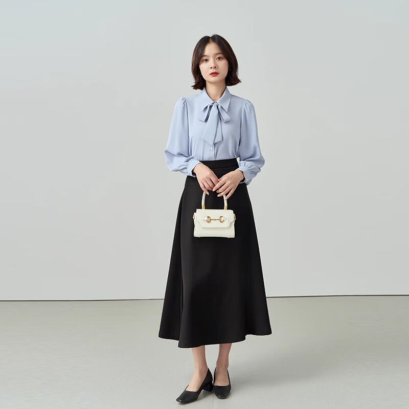 Bodexiaojie Blue Blouse Dress, Women's Elegant Professional Attire, Formal Wear for Commuting, Solid Color Shirt