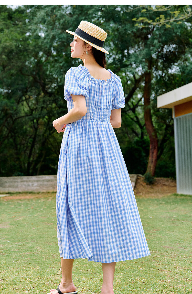 INMAN French Plaid Dress Summer Women's Versatile Puff Sleeve A-Line Skirt Navy Blue S 32
