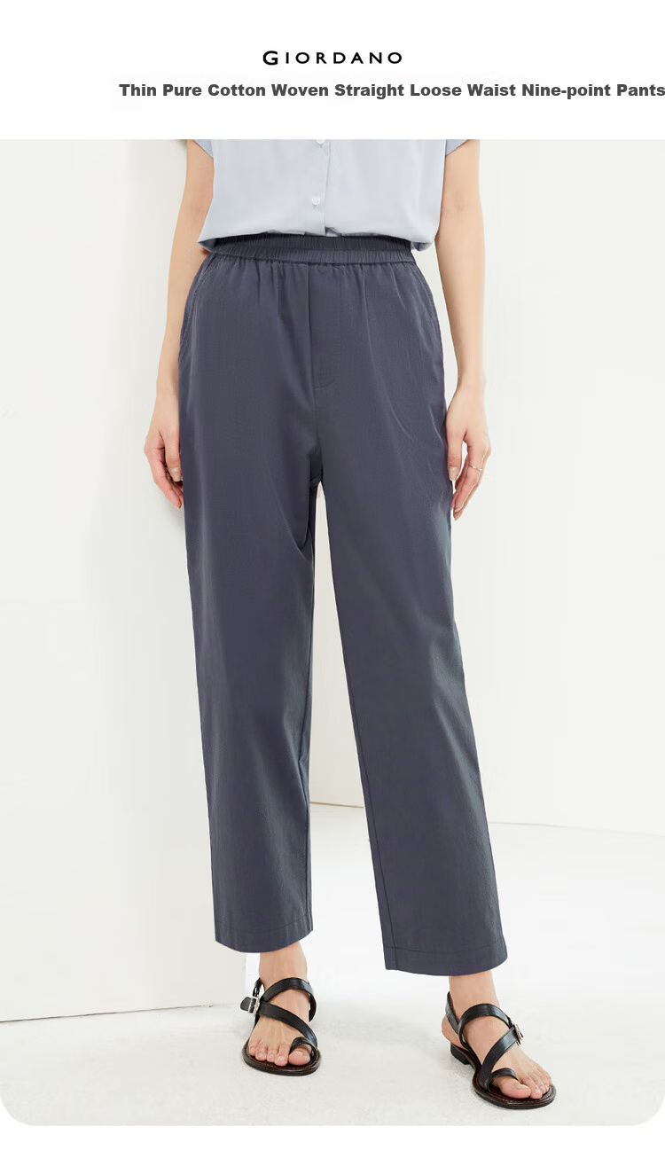 Giordano Women's Pants, New Summer 2026 Style, Pure Cotton Elastic Waist, Lightweight Casual Seven-Point Straight-Leg Trousers, 05425315 2